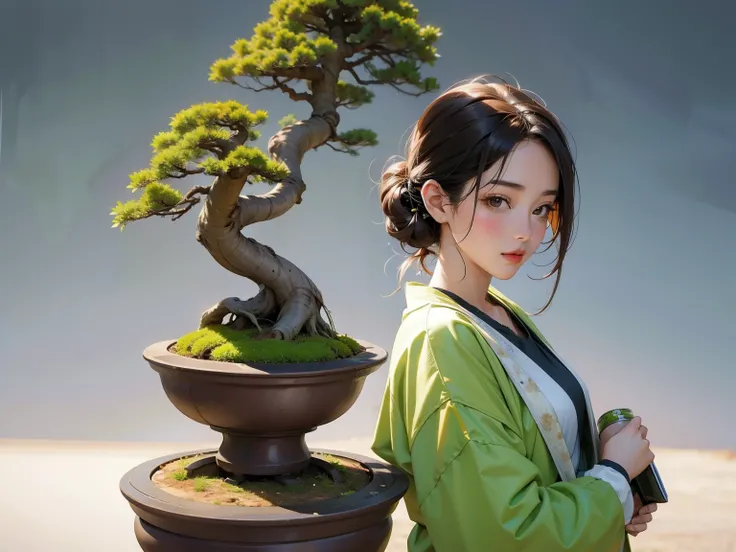 (Girl and Bonsai:1.2)、bonsai, Famous Bonsai Garden, (Lots of bonsai:1.2)、A wonderful masterpiece、High-end display stand、(Blur the background)、Best Quality、High image quality、masterpiece、4K、8k、wallpaper、