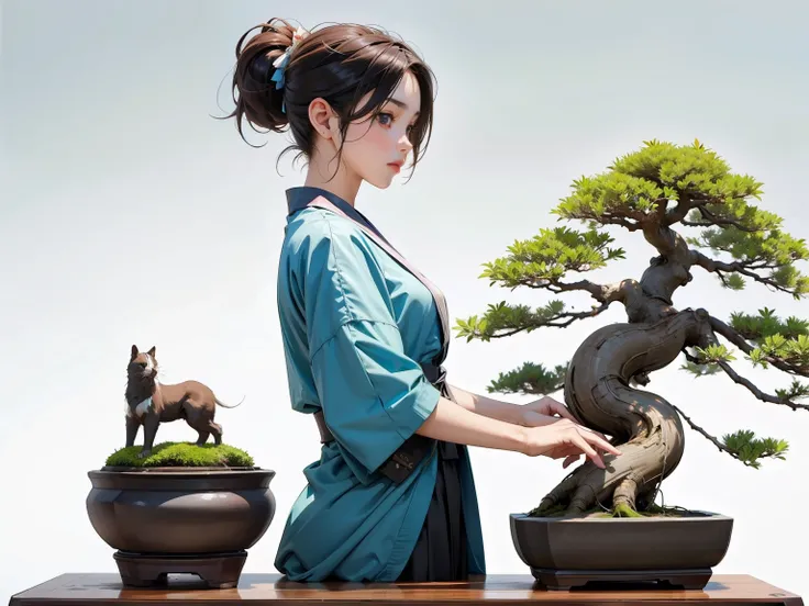 (Girl and Bonsai:1.2)、bonsai, Famous Bonsai Garden, (Lots of bonsai:1.2)、A wonderful masterpiece、High-end display stand、(Blur the background)、Best Quality、High image quality、masterpiece、4K、8k、wallpaper、