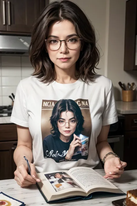 Woman 60 years old, short dark brown hair, with glasses wearing a Michael Jackson t-shirt reading a cookbook on a cake decorated with flowers