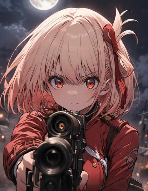 One person, Chisato Nishikigi, cute,  Red Uniform, Beautiful hair ornaments, Hair between the eyes, Serious face, Upper Body, (((Ready your gun?))), Shoot a gun, night, full moon
