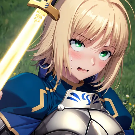 blush,Ahegao,Sticking out tongue,((sweat)),((Big Breasts)),bra,1girl in, Altria Pendragon,Fate,Grand background,FATE series，Knight King，medieval timeajesty，((Bright blonde hair))，Side Body，grassland background，，Small characters，Fighting posture，There is an...