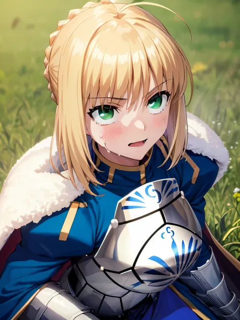 blush,Ahegao,Sticking out tongue,((sweat)),((Big Breasts)),1girl in, Altria Pendragon,Fate,Grand background，1girll，A face，bit girl，artoria，king arthur，King of Britain，FATE series，Knight King，medieval timeajesty，((Bright blonde hair))，Side Body，grassland ba...