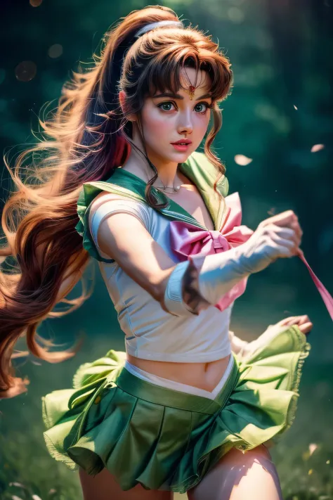 sailor jupiter, realistic, beautiful detailed eyes, beautiful detailed lips, extremely detailed face and eyes, long eyelashes, sailor jupiter green outfit, green skirt, pink ribbon, white top, high ponytail with full bangs hair, cinematic lighting, vibrant...