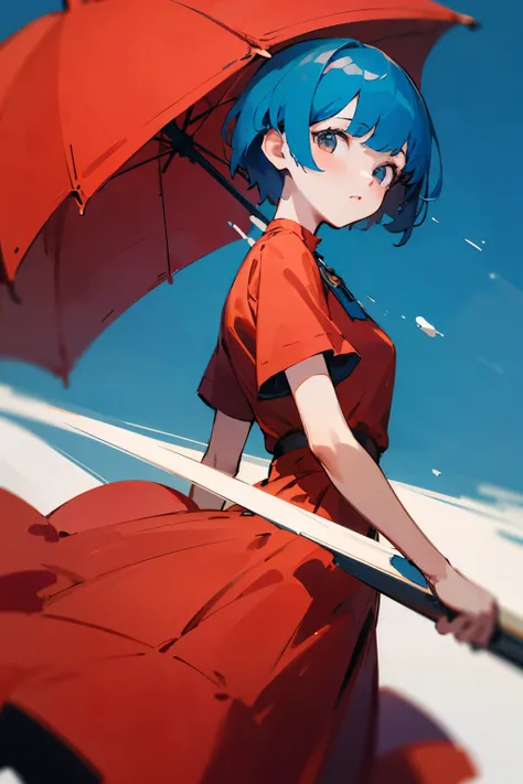 blue hair short-cut girl with red Dress, Plain background, An ultra-high picture quality, 8k