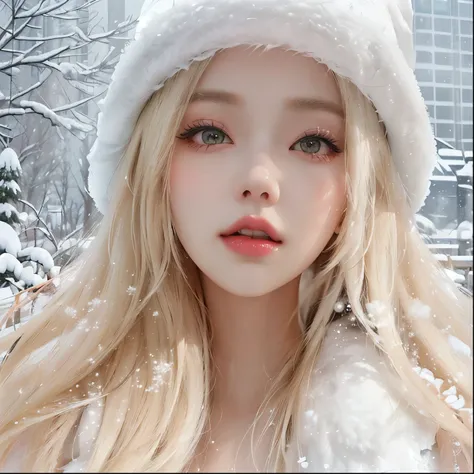 blond girl with white hat and fur coat posing for a picture, roseanne park of blackpink, ava max, in snow, with white long hair,...