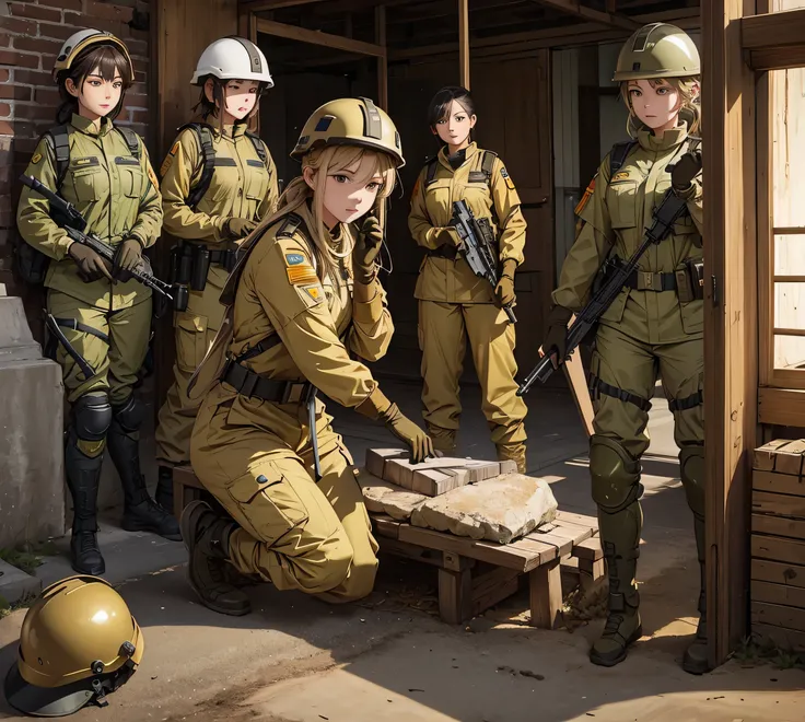 A group of female soldiers all wearing yellow earth-colored uniforms，Wear a helmet、Thermal gloves、Military Pants、Knee pads、Guard in prison、Write details、masterpiece、Best quality、Highly detailed CG、8K quality