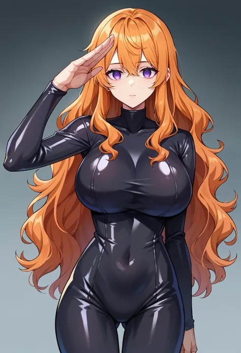 score_9, score_8_up, score_7_up, score_6_up, score_5_up, score_4_up, BREAK source_anime,throw,standing,salute, us_post, orange hair, long hair, wavy hair, side locks, Purple Eyes,glowing eye, Huge breasts, empty eyes,Expressionless, Black latex rubber suit