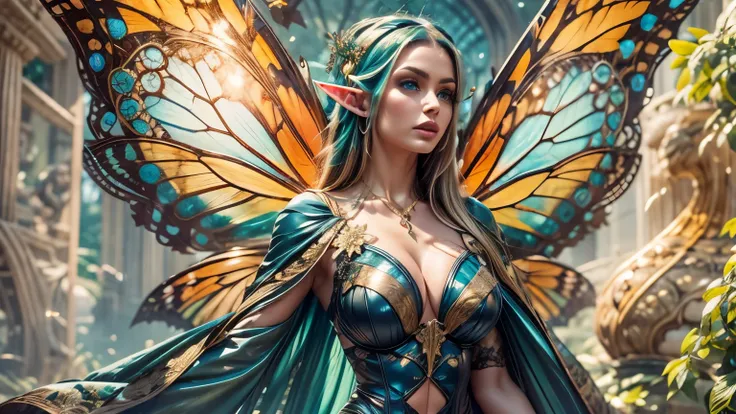 Beautiful faerie woman, elf ear, flying, massive monarch butterfly wings between shoulder blades, glowing blue eyes, detailed proportional hands, proportional body, firm breast, frank Frazzetta painting style, (Best Quality:1.4), (Ultra-detailed), (extreme...