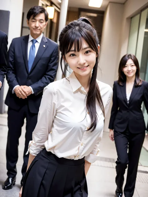 Japanese 40 year old girl １people underweight business suit hands behind back skirt ponytail smiling