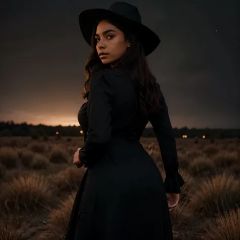 a backside photo of a young latina woman wearing a black victorian dress; hourglass figure, brown skin; round face with dark almond shape eyes, thick eyebrows, and freckles on her cheeks; dark short wavy hair and a black pointed witch hat; standing in a da...