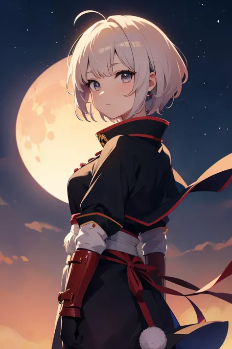 Anime Girl (8K Quality) Behind A Giant Moon, Samurai Outfit, Short Hair Channel.