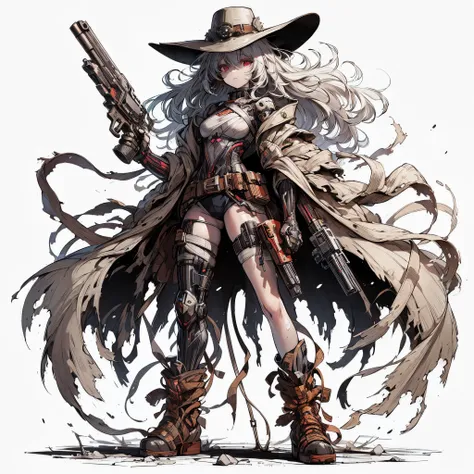 (Masterpiece, top quality), (fine hair), ultra detailed, anime like illustration style, solo, Cyberpunk western-style girl, shaggy white hair, red eyes, she is limb wrapped bandage, wearing distorted wrestler costume, distorted duster coat, spurred boots, ...