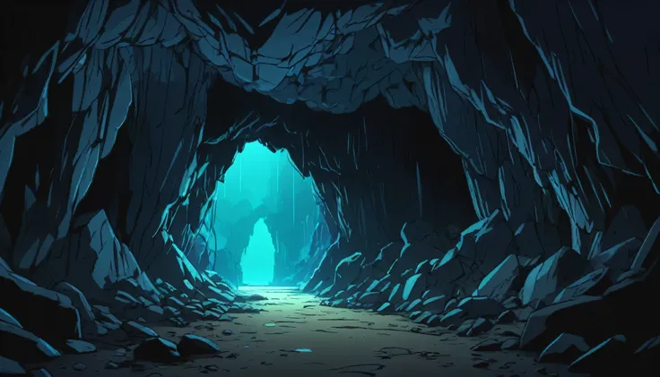 2D, anime, 2D anime illustration, manhwa outline design, dark enclosed cave with glow of blue tints, anime, view inside the cave, a hole entrance exit bright, bright exit area from cave in left area