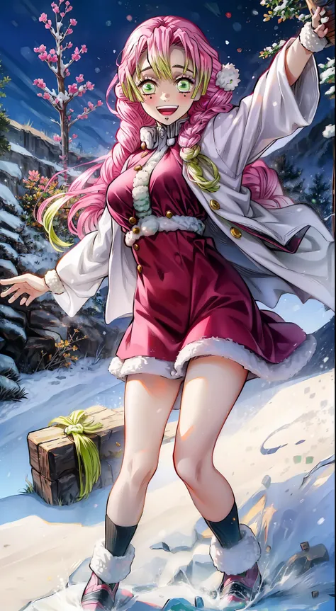 Mitsuri, from demon slayer, green eyes pink eyebrows
Red winter cloths, smile on her face, blushhing,