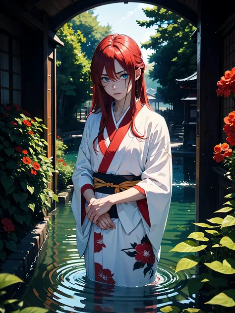 Cool. Brocken. Red flowers. Kimono. Japanisch. Bloody. Crying. Daylight. Sunny. Hot. Red eyes. Red hair. More anime. light red light. Bright light. male. Long hair. long red hair. aquatic, boy, red hair. Blue eyes.