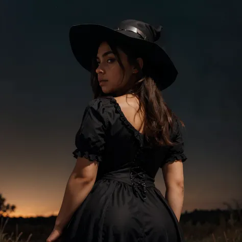 a backside photo of one young latina woman wearing a black victorian dress; hourglass figure, brown skin; round face with dark almond shape eyes, thick eyebrows, and freckles on her cheeks; dark short wavy hair and a black pointed witch hat; standing in a ...