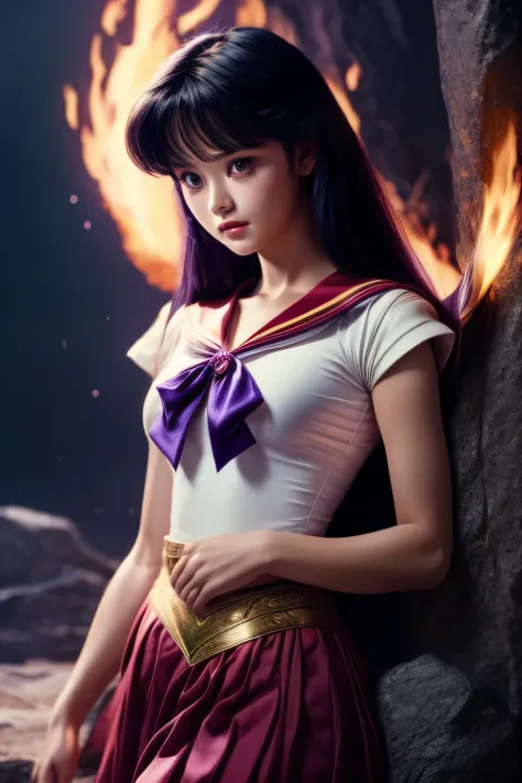 sailor mars, realistic, 1girl, beautiful detailed eyes, beautiful detailed lips, extremely detailed face and features, long dark purple hair, dark purple eyes, red skirt, purple ribbon, white top, photorealistic, 8k, ultra-detailed, highly detailed, intric...