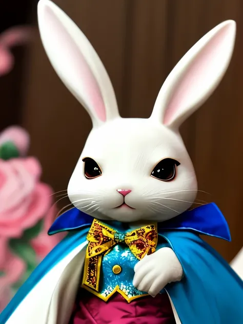 a close up of a white rabbit dressed in a costume, the white rabbit, white rabbit, from alice in wonderland, mark ryden highly detailed, anthropomorphic rabbit, hand, by Yukihiko Yasuda, by Mark Ryden, by Yuko Tatsushima, by Alison Kinnaird, by Hiroyuki Ta...