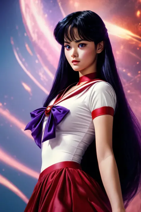 sailor mars, realistic, 1girl, beautiful detailed eyes, beautiful detailed lips, extremely detailed face and features, long dark purple hair, dark purple eyes, red skirt, purple ribbon, white top, red collar, photorealistic, 8k, ultra-detailed, highly deta...