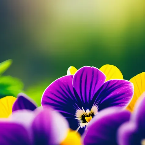 vibrant purple and yellow pansy, textured petals, green leaves, clustered, blooming, outdoor garden, natural lighting, soft shadows, close-up, shallow depth of field, blurred background, sharp flower details, quiet fresh atmosphere.