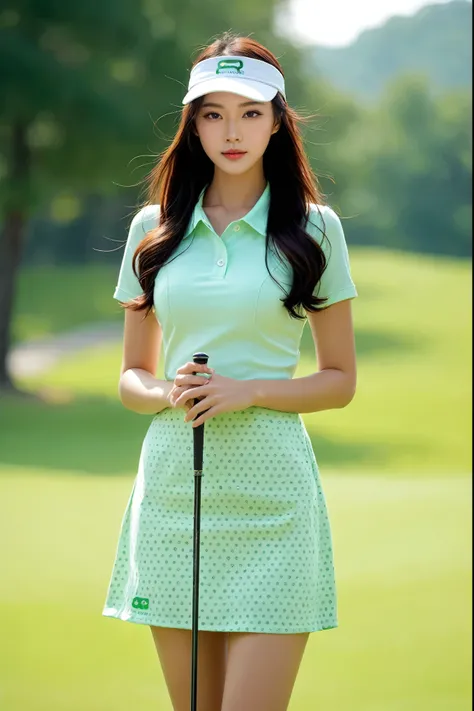 arafed woman in a green dress holding a golf club, cindy avelino, gorgeous young korean woman, shin min jeong, beautiful young korean woman, waist - shot, mei-ling zhou, jung gi kim, cover shot, beautiful south korean woman, shot on 85mm, korean womens fas...