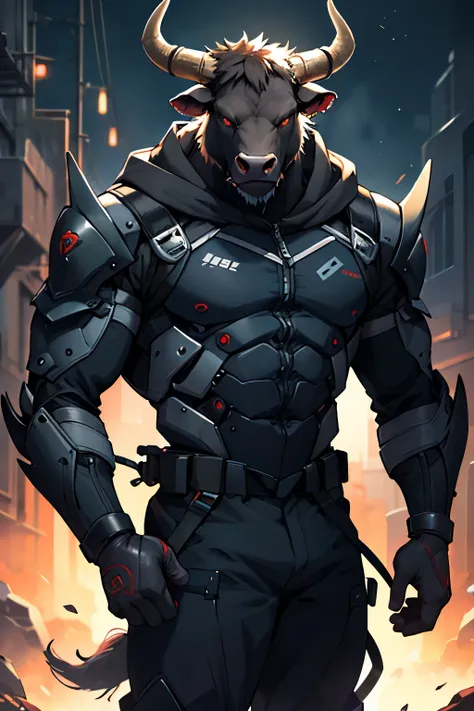 bull head, minotaur, black exoskeleton, sci-fi, technological, dark hairs, masterpice, anime, strong