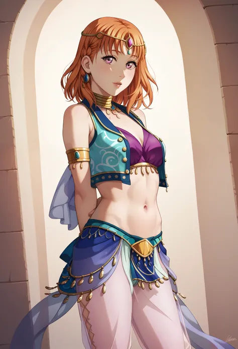 masterpiece, best quality, realistic,hyperrealism, takami chika , orange hair, medium hair, pink eyes, side braid, circlet, open cropped vest, Arabian Dancer ,neck ring, midriff,see-through sleeves, see-through harem pants , cowboy shot , arms behind back 