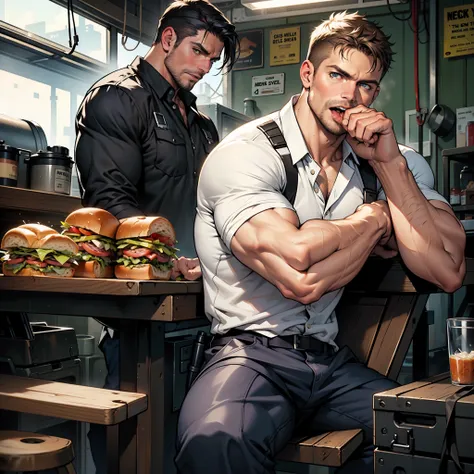 masterpiece, best quality, face, natural eyes,mature man, muscled and mature, stephen amell as a mechanic wearing uniform, mechanic, sweating, tight cloth,sitting on a chair,  open his mouth wide,  holding a sandwich in his hand , eating a a big sandwich, ...