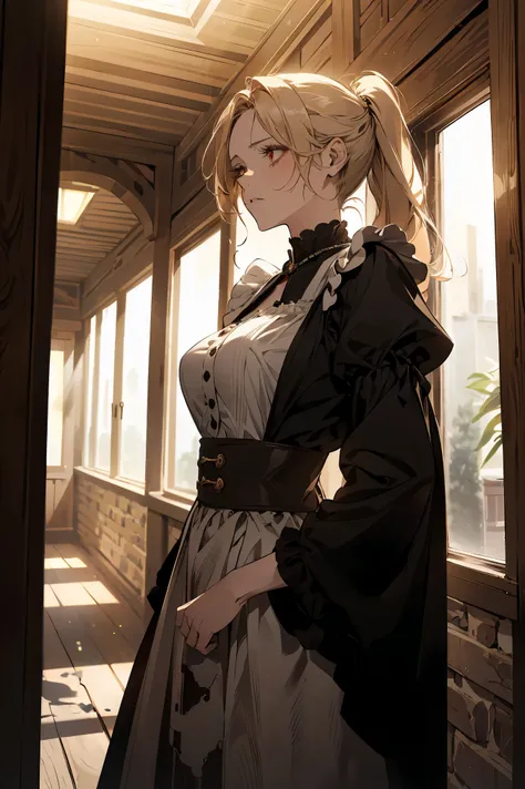 "(masterpiece, high resolution:1.3), Close up, A one blonde-haired woman with pony tail and red eyes, sad gently. She is dressed in an old, tattered maid outfit, standing in an ancient, worn-down house. The house features wooden beams and stone walls, dust...