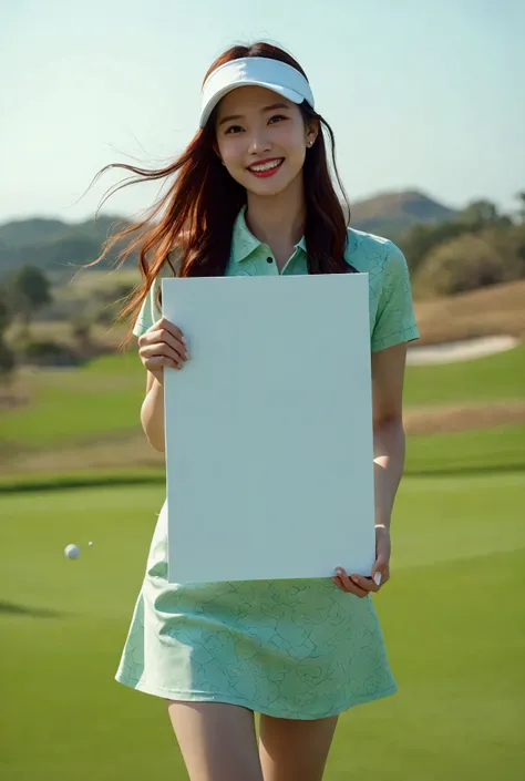 arafed woman holding a sign in front of a golf course, woman holding sign, woman his holding a sign, subject action: holding sign, subject action : holding sign, large portrait, wide portrait, rectangular piece of art, poster shot, wearing translucent shee...