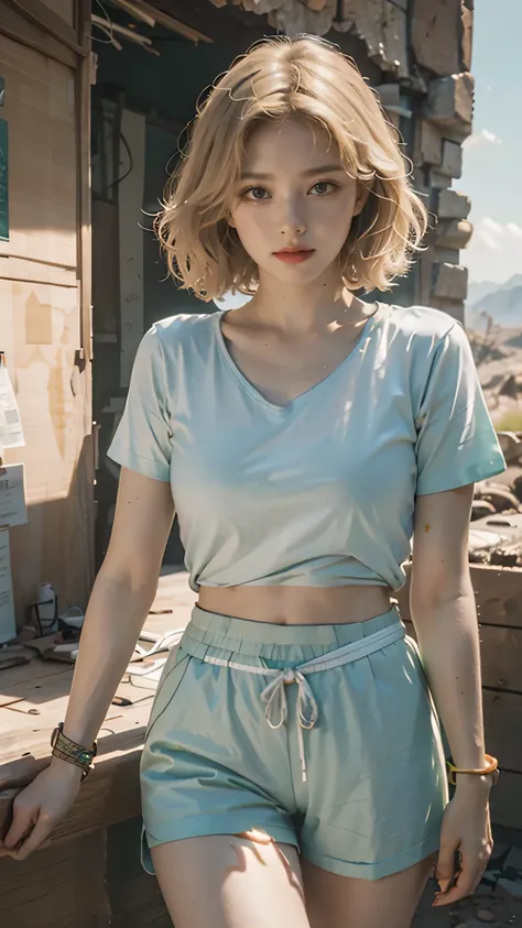 Bright shot: 1.3), epic realistic, yellow eyes, girl raider, (one girl), light gray non-transparent short sleeve top, transparent fabric at the waist, wavy hair 1.4, (light blonde hair), short hair, dark blue and orange color scheme, (light green shorts), ...