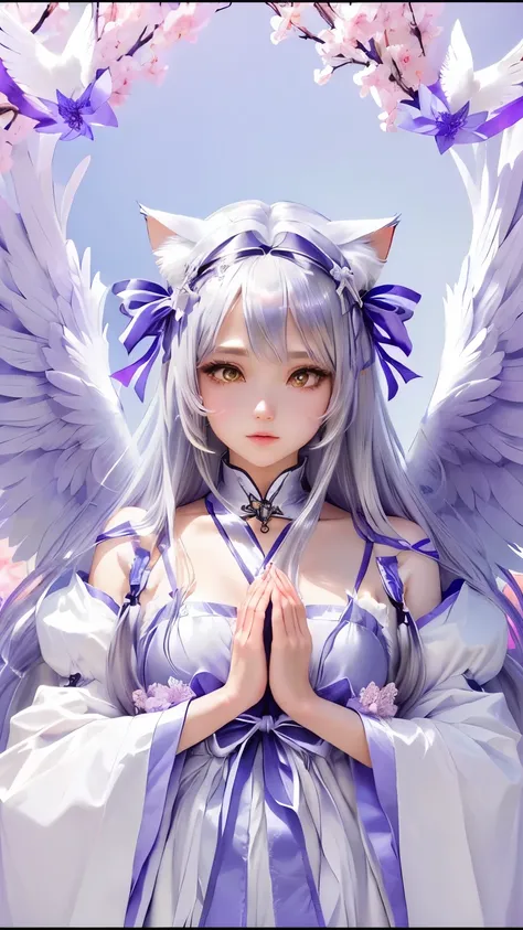 A woman with long silver hair and cat ears on her head,Anime angel girl with white wings、She&#39;s wearing a pretty white and gold dress,Realistic anime 3D style、8k resolution and detailed art、Complex and gorgeous anime CGI style、Anime Art Wallpaper 4K