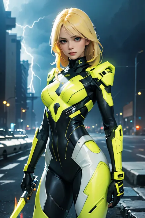 A beautiful young girl with yellow hair, a tight lightning-themed suit, and small breasts, wielding alien thunder weapons in a thunderstorm backdrop, (best quality,4k,8k,highres,masterpiece:1.2),ultra-detailed,(realistic,photorealistic,photo-realistic:1.37...