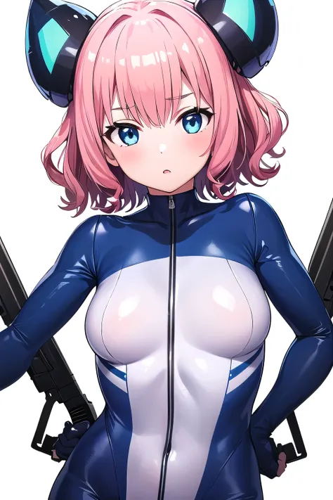 1 girl,boyish, curly hair, pink Hair, medium Breasts, glossy tight zero suit,blush,blue eyes,Tight fit,clearly,Striped pattern, (white background:1.3), (glossy:1.5), rifle