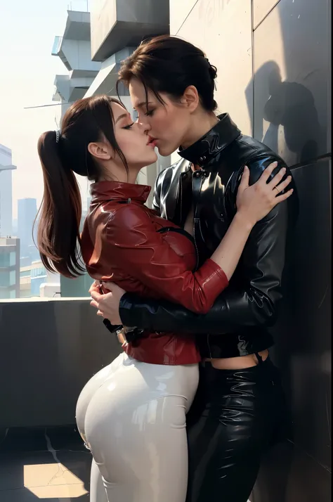 Girl in tight latex pants hugs and kisses man