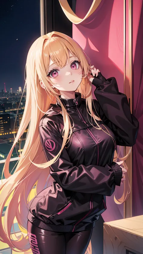 Adult woman, pink eyes, long blonde hair, blackpink plugsuit, night