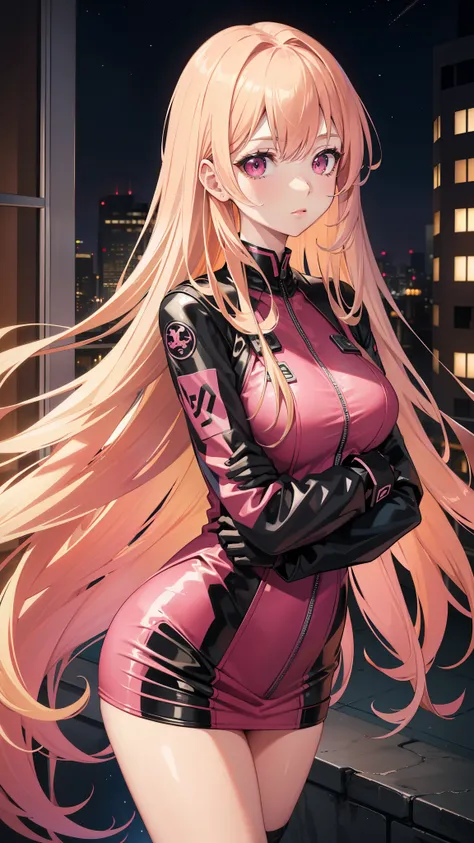 Adult woman, pink eyes, long blonde hair, blackpink plugsuit, night