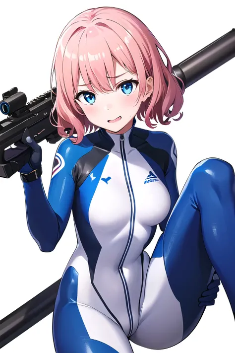 1 girl,boyish, curly hair, pink Hair, medium Breasts, glossy tight zero suit , glossy rubber suit,Cowboy Shot,blush,sexy face,blue eyes,front leg pose,Tight fit,clearly,(white background:1.3),(glossy:1.3), aiming with the laser beam of own rifle