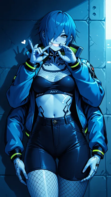 (zPDXL2), (PonyXLV6_Scores), source_anime, Expressiveh, solo, four-quarter portrait, BREAK

1girl, short spiky hair, blue hair, hair covering one eye, blue eyes, grin face, (blue skin, blue hands, blue body), (wearing cyberpunk jacket, trousers, fishnet to...