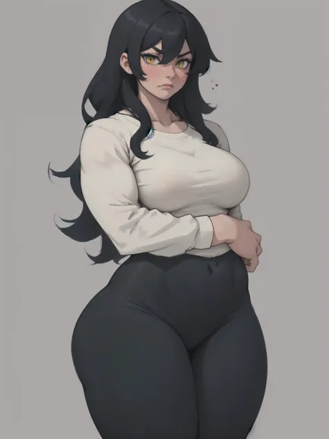 perky breasts perky breasts pale skin very long hair black hair yellow eyes sad blushing solo frown very long hair very long hair leggings tight tshirt long sleeves toned body fit girl