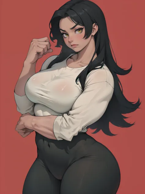 perky breasts perky breasts pale skin very long hair black hair yellow eyes sad blushing solo frown very long hair very long hair leggings tight tshirt long sleeves toned body fit girl