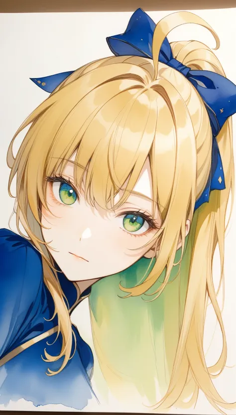 (masterpiece:1.2), (Absurd), (Detailed face),(Fine grain), (Best Quality) (Traditional Media:1.2)  , (White background), Upper Body, (Expressionless),  Artoria_Pendragon_(destiny), Things to know, Blonde, Green Eyes, hair ribbon dress, Ahoge, Blue Dress,