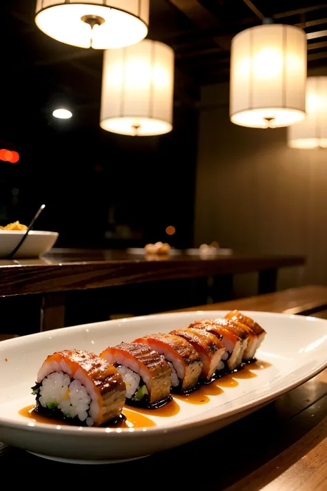 Dark atmospheric Japanese restaurant, lights from top to bottom, tuna sushi floating in the air, blurred sushi restaurant kitchen, slightly low angle, close-up shot, out-of-focus in the background