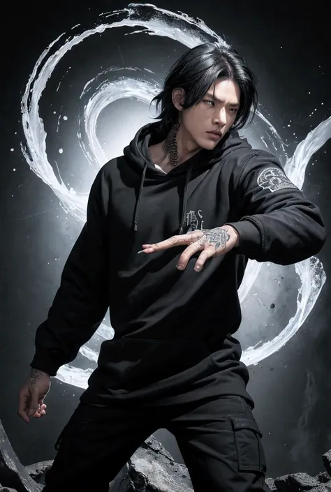 1 guy solo, black hair very short  , hood black  , black sweatshirt , Korean is handsome, white eyes bright transparent  , looks at the viewer, , , apocalypse, full height , Lino ,High resolution, Flashing pupils WHITE , Realistic anatomy, Best quality, ma...