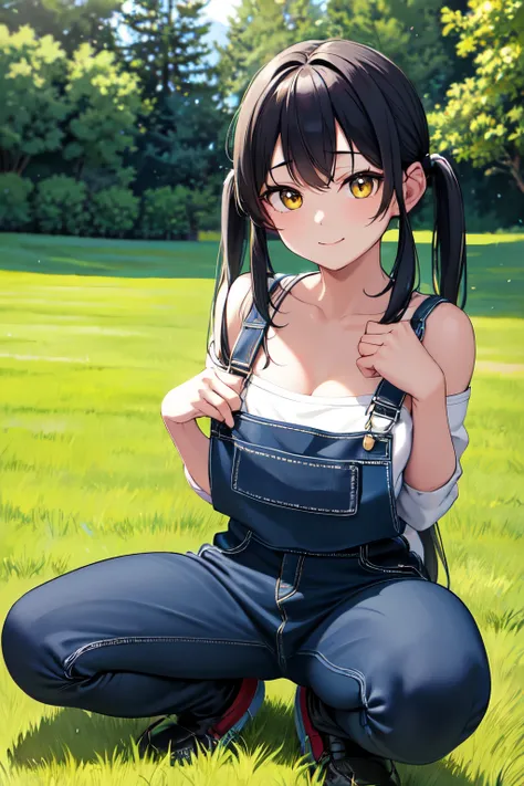 masterpiece, below, shiny hair, twin pigtails, yellow eyes, tamaki kotatsu smile at camera, wear a dungarees short, off shoulder, micro bra, squat pose on grass, body detailed, soft shadow, day light, vibrant colors, white screen background