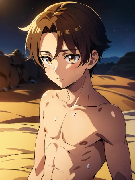 Highres, Masterpiece, Best quality at best,Best Quality,hight quality, hight detailed, Anime style, 1boy, crown, young prince, Give me a picture of a young prince from ancient egypt, Shirtless, Desert, Gold accessories,, cuddle, pretty face, Shota, young b...