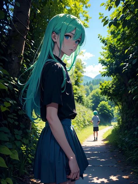 Light green hair. Kleid. Boy. Skirt. Male. Boy. Blumen. Wiesen. Wald. Daylight. Sunny. Hot. Blue eyes. More anime. Blue light. Bright light. male. Long hair. long green hair., boy, light green hair. Blue eyes.