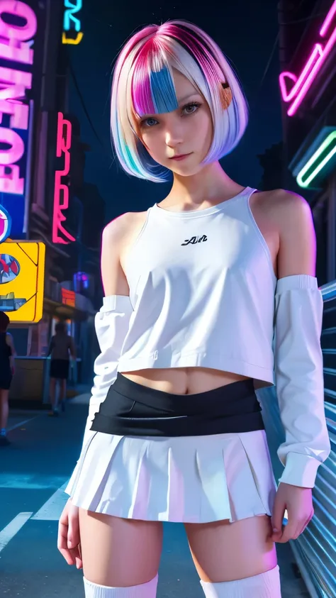 A colorful Bob cut haired punk canadian girl, smooth white skin, slender, skinny, cute face, innocent look, ultra high resolution, uhd, detailed cyberpunk outfit, wink, neon lighting, short skirt, colorful loose socks, athletic legs, vogue pose, modelling,...