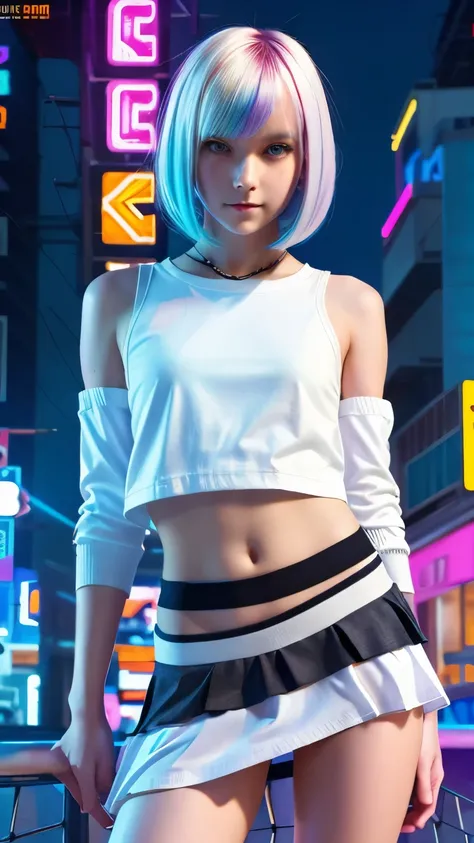 A colorful Bob cut haired punk canadian girl, smooth white skin, slender, skinny, cute face, innocent look, ultra high resolution, uhd, detailed cyberpunk outfit, wink, neon lighting, short skirt, colorful loose socks, athletic legs, vogue pose, modelling,...