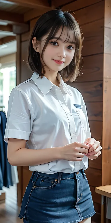 (Tabletop, Best Quality:1.4), Beautiful Face, 8k, 85mm, Absurd, from the front、１、1、((Very cute high school :1.4))、((Stylish boutique:1.6))、((Inside the clothing store:1.4))、(((White short-sleeved uniform shirt:1.4)))、 ((Cowboy Shot:1.5))、Delicate, Alone、((...